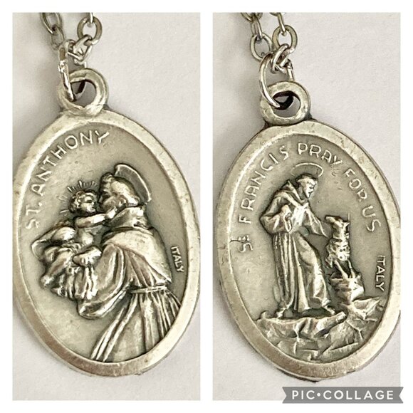 Vintage Saint Anthony Francis Medal Pendant Necklace Italy 24" Stainless Chain - Picture 15 of 15
